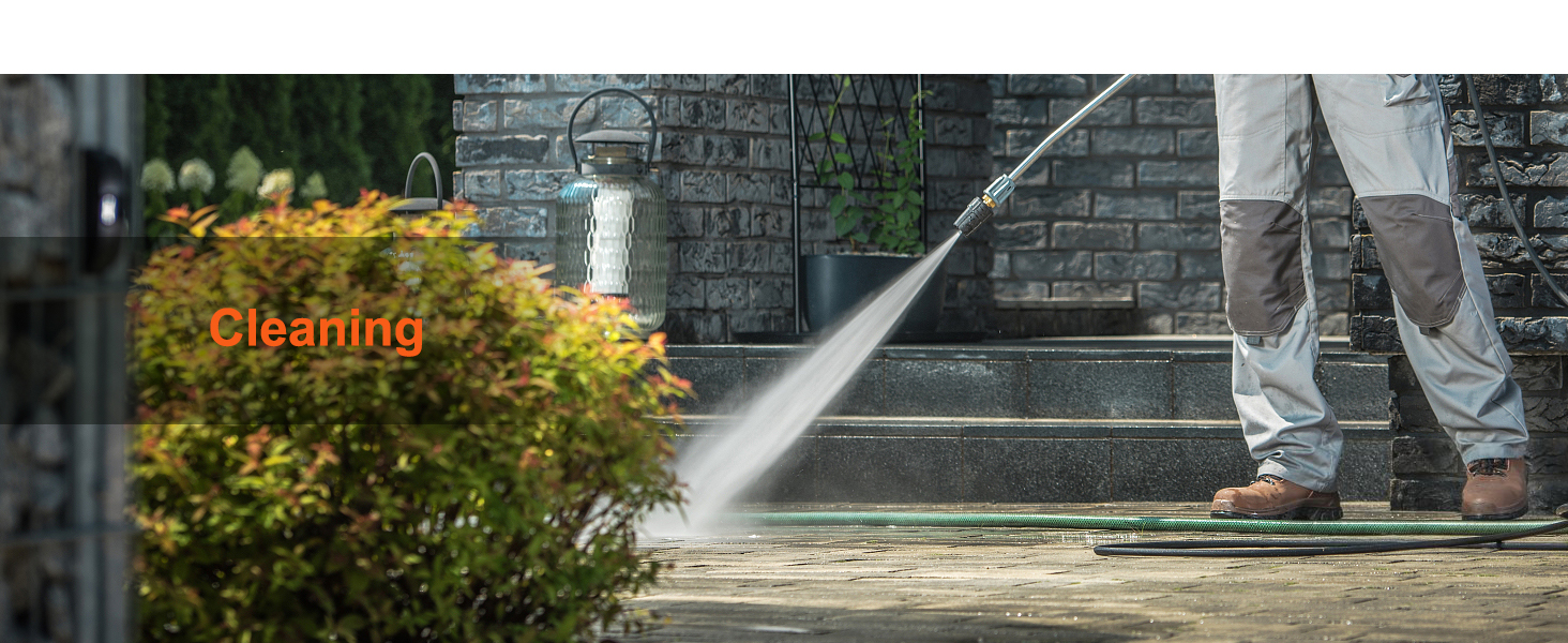 man pressure washing stone patio steps near potted plants and brick wall. text "cleaning" in foreground.
