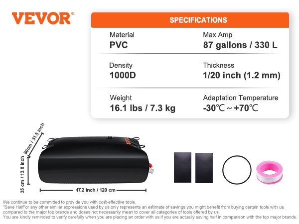 VEVOR water tank bladder, made of pvc, 1000d density, 87 gallons capacity, 16.1 lbs weight, -30°c to +70°c.
