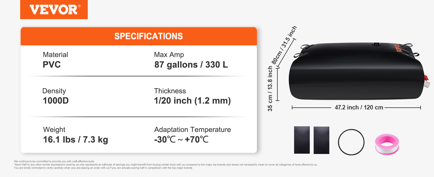 VEVOR water tank bladder, made of pvc, 1000d density, 87 gallons capacity, 16.1 lbs weight, -30°c to +70°c.