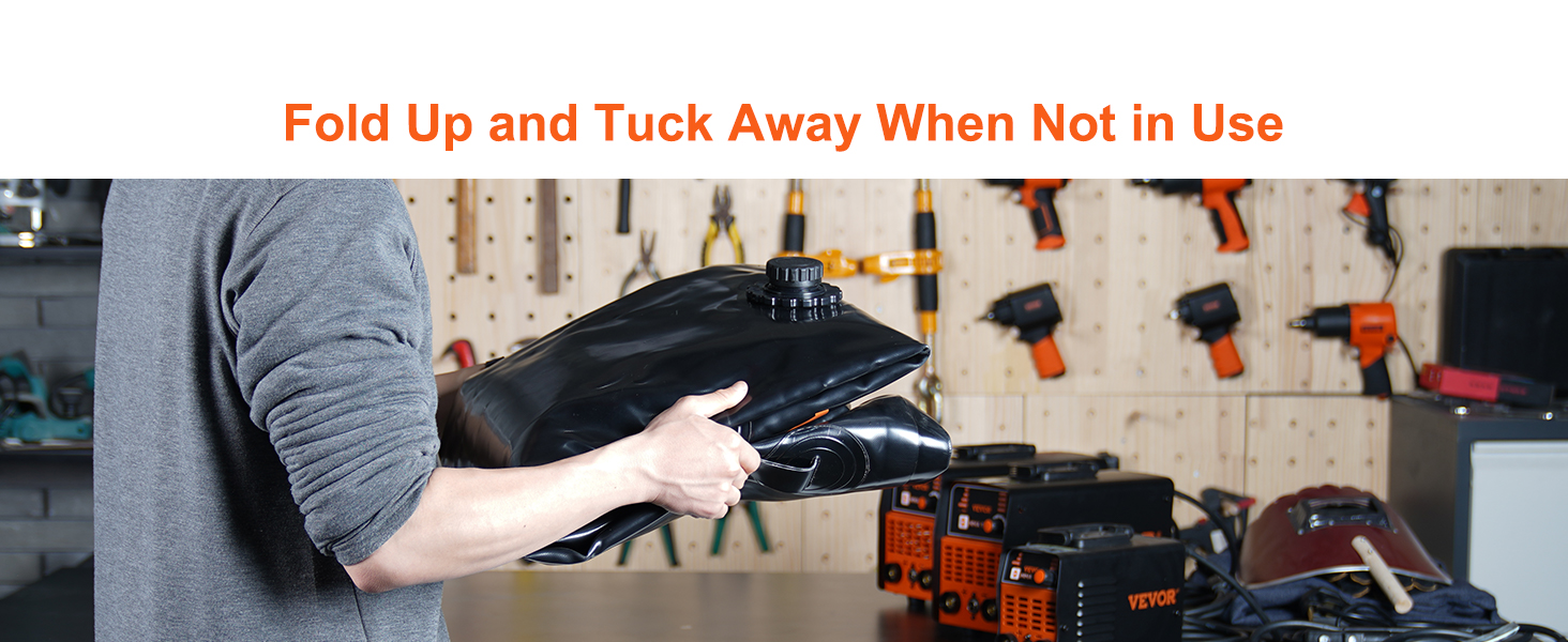 person folding a VEVOR water tank bladder in a tool workshop with a pegboard background.