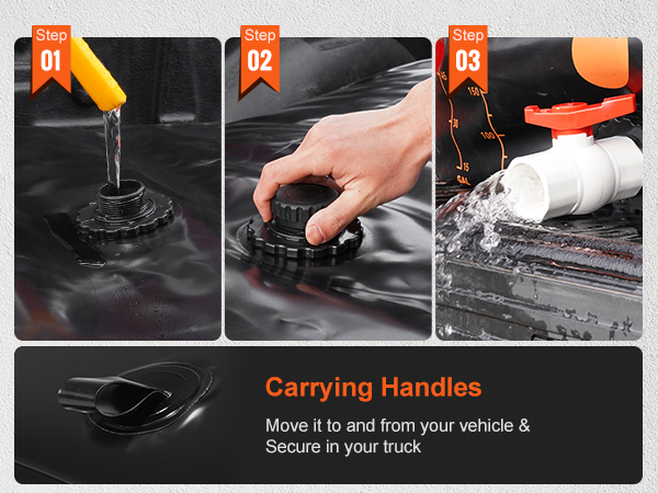 steps to using VEVOR water tank bladder: filling inlet, securing cap, and using outlet valve.