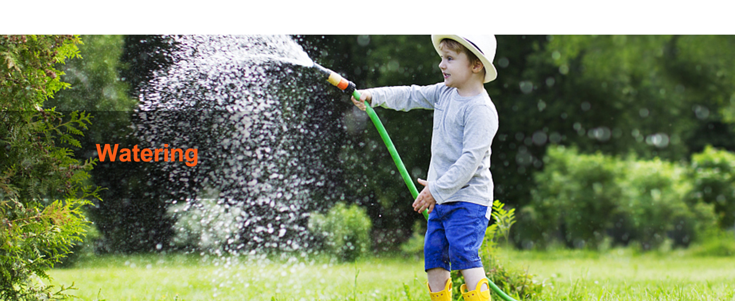 child watering plants outdoors with a hose, promoting VEVOR water tank bladder use.