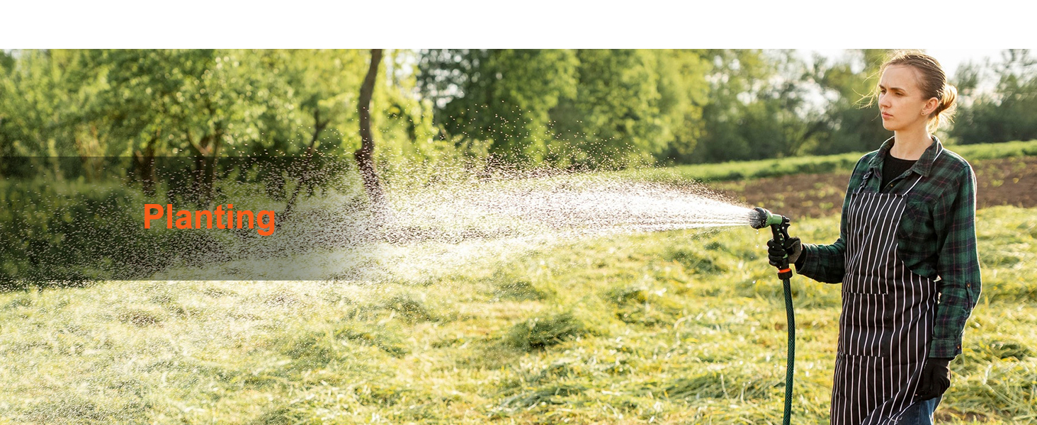 person watering plants in a field using a hose, promoting VEVOR water tank bladder for irrigation.