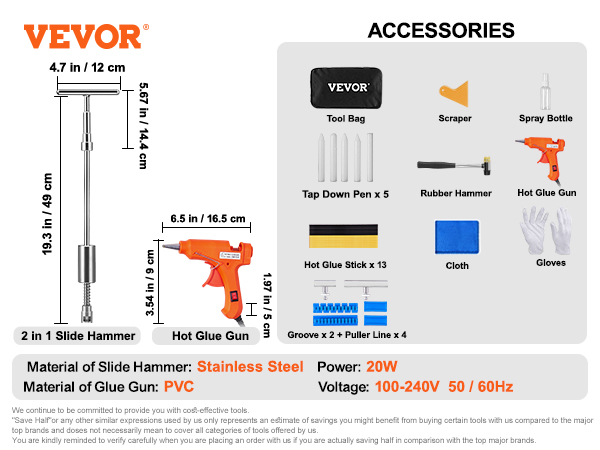 VEVOR dent puller kit with slide hammer, hot glue gun, scraper, tap down pen, rubber hammer, and accessories.