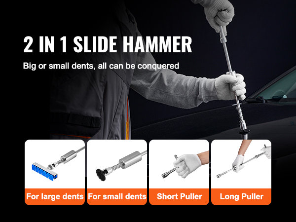 VEVOR dent puller kit with 2-in-1 slide hammer, for large and small dents, short and long pullers.