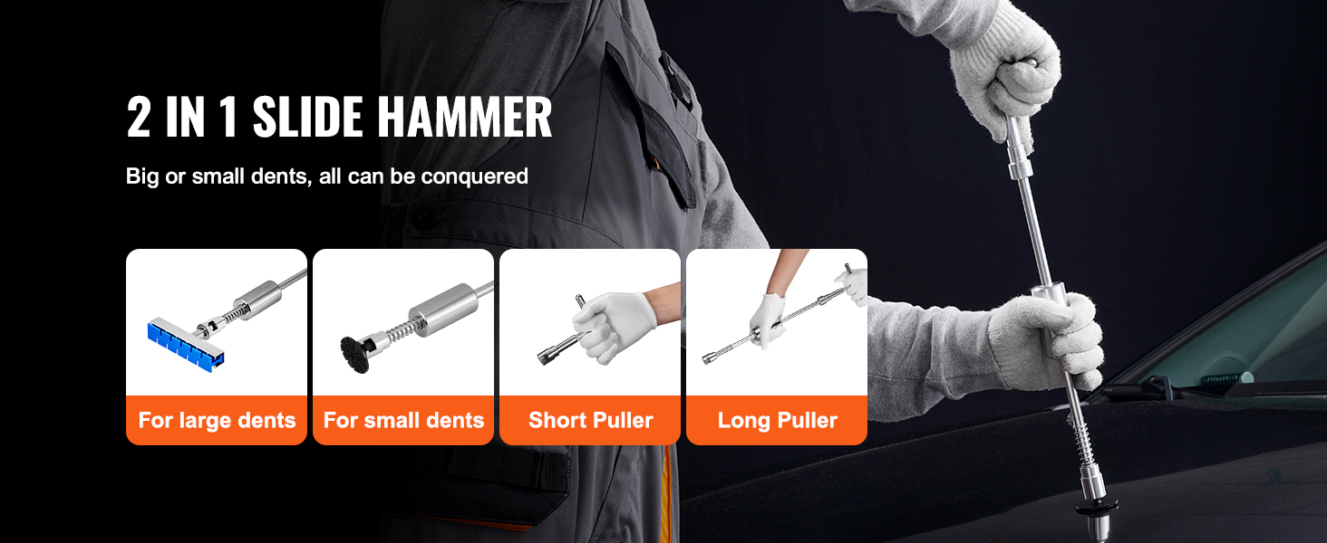 VEVOR dent puller kit with 2-in-1 slide hammer, for large and small dents, short and long pullers.