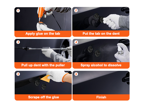 VEVOR dent puller kit steps: apply glue, place tab on dent, pull dent, spray alcohol, scrape glue, finish.