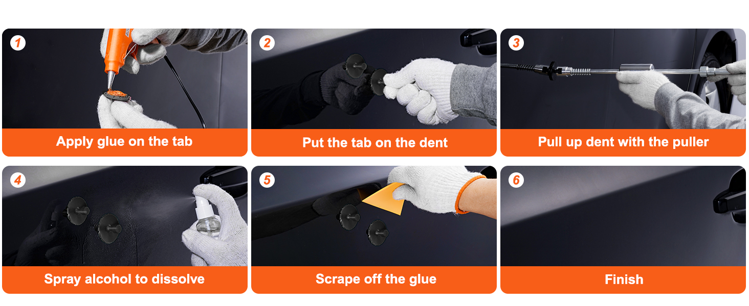 VEVOR dent puller kit steps: apply glue, place tab on dent, pull dent, spray alcohol, scrape glue, finish.