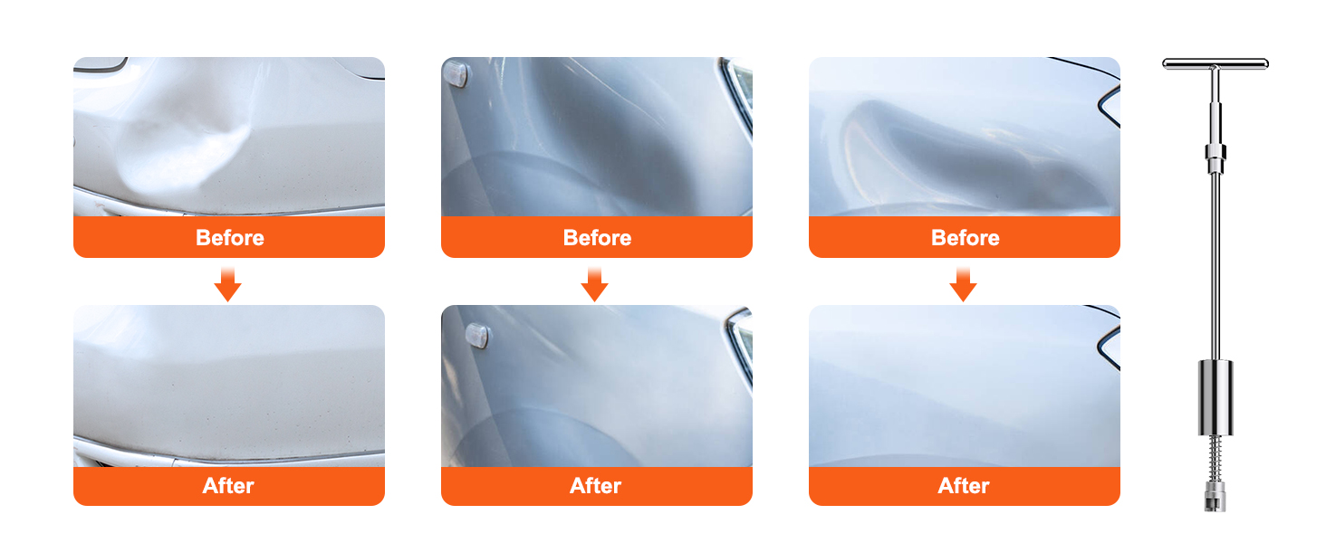 before and after images showing dent repairs on vehicles using the VEVOR dent puller kit.