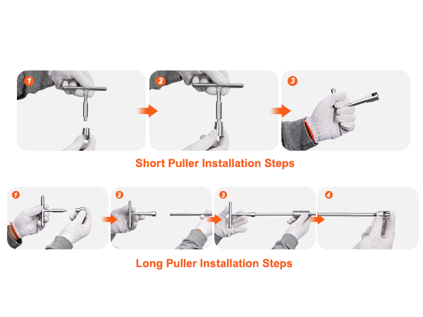 steps for installing short and long pullers of VEVOR dent puller kit, demonstrated with gloves.