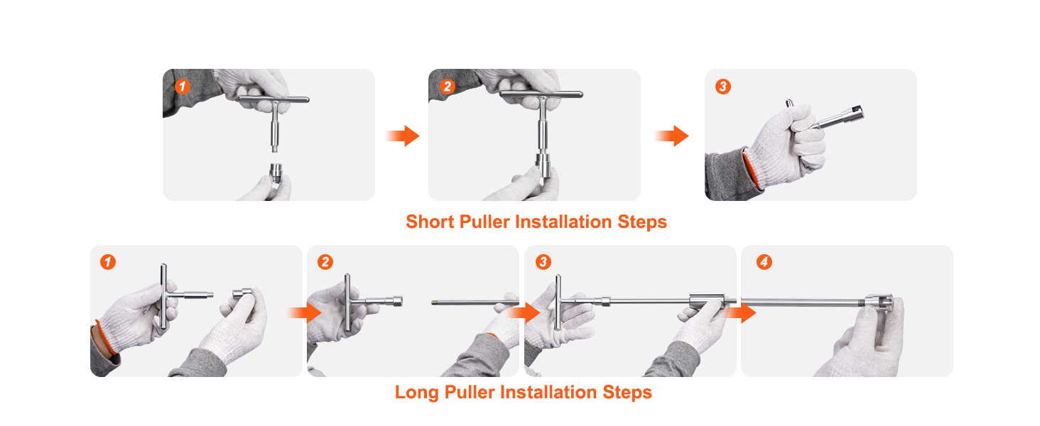 steps for installing short and long pullers of VEVOR dent puller kit, demonstrated with gloves.