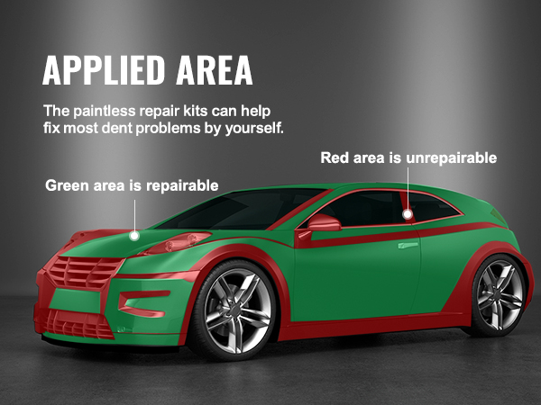 VEVOR dent puller kit showing repairable (green) and non-repairable (red) areas on a car.