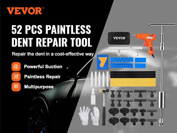 VEVOR dent puller kit 52-piece paintless dent repair tool set with glue gun, gloves, and suction pads.
