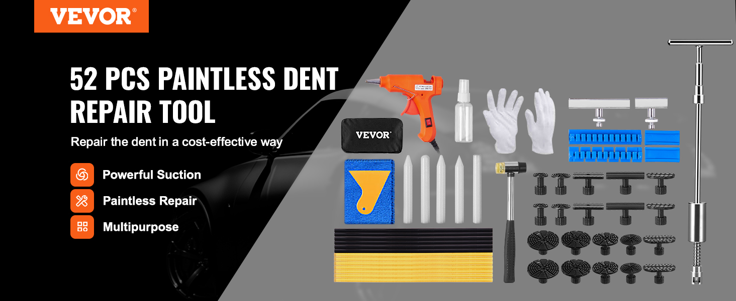 VEVOR dent puller kit 52-piece paintless dent repair tool set with glue gun, gloves, and suction pads.