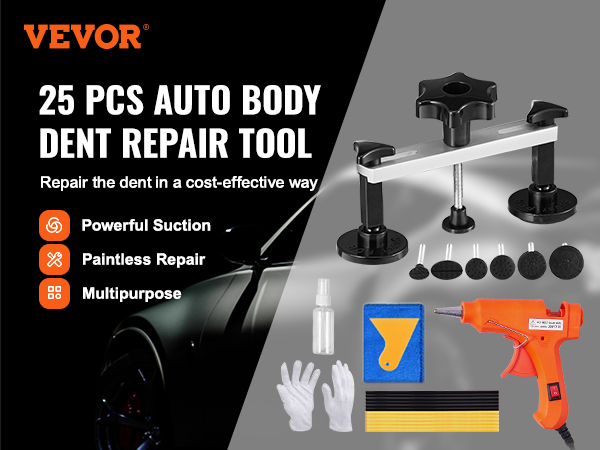 VEVOR dent repair kit: 25 pcs paintless toolset including glue gun, tabs, gloves, cloth, and spray bottle.