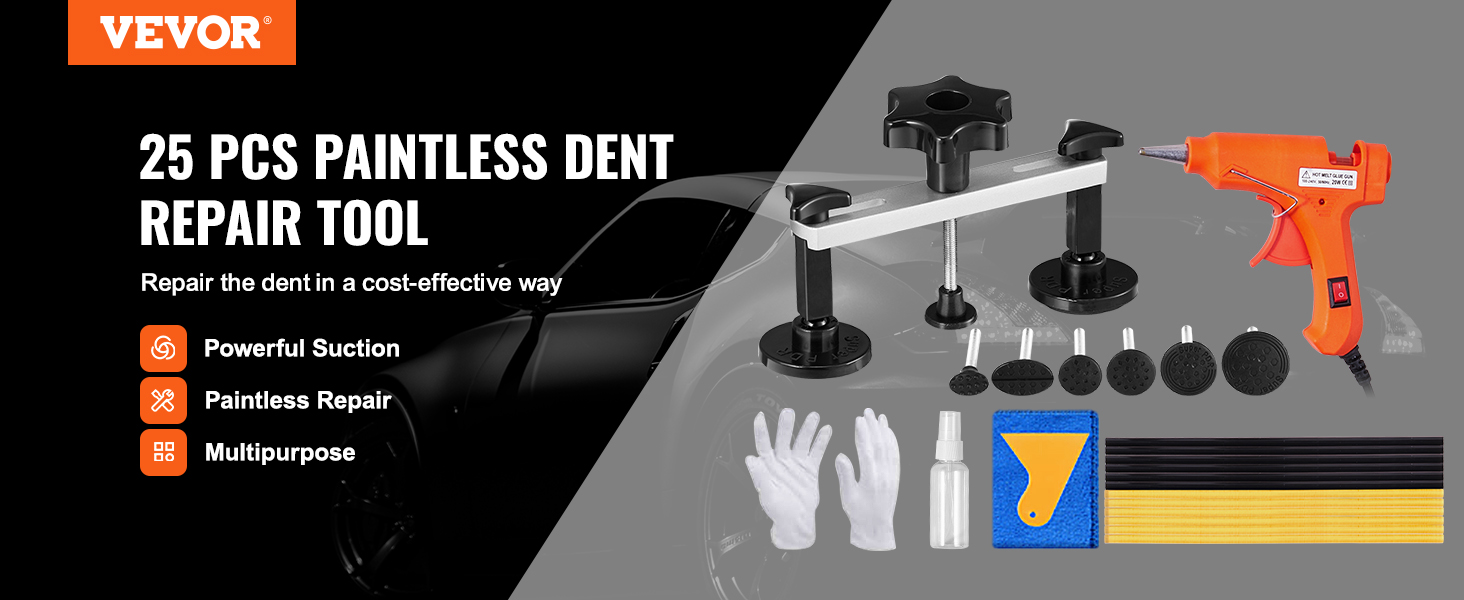 VEVOR dent repair kit: 25 pcs paintless toolset including glue gun, tabs, gloves, cloth, and spray bottle.