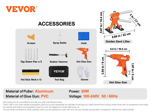 VEVOR dent puller kit includes dent lifter, hot glue gun, scraper, pens, hammer, glue sticks, tool bag.