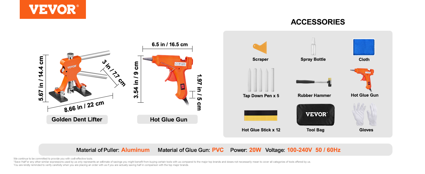 VEVOR dent puller kit includes dent lifter, hot glue gun, scraper, pens, hammer, glue sticks, tool bag.