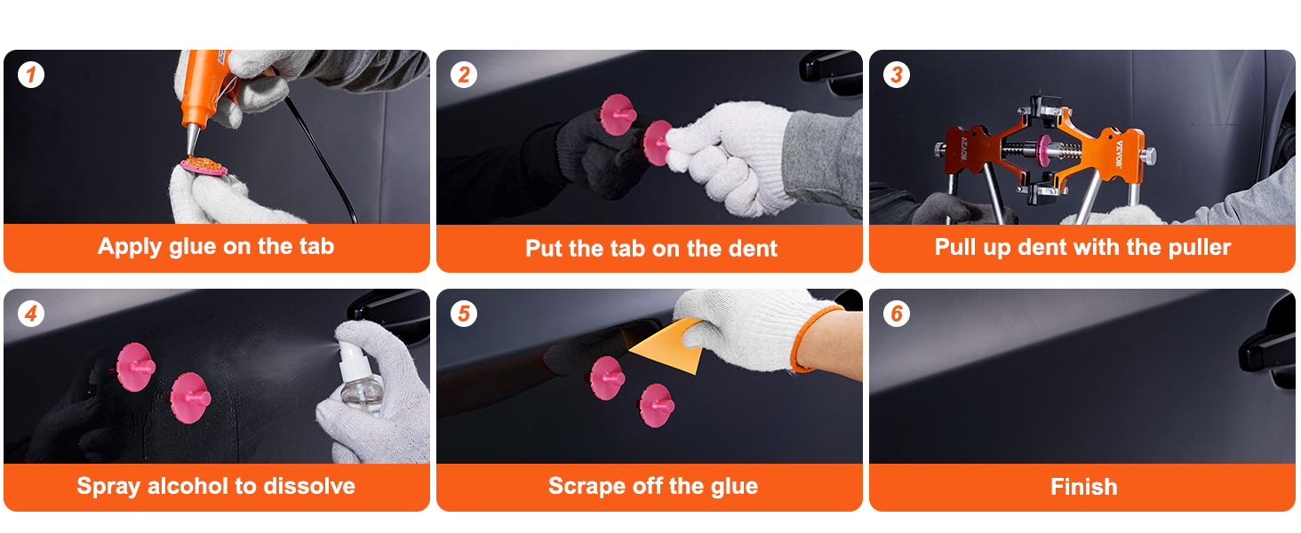 step-by-step naudoti VEVOR dent kamščiatraukis: taikyti klijai, vieta, tab, traukti dent, purškimo alkoholio, sunkiai klijai, apdaila.