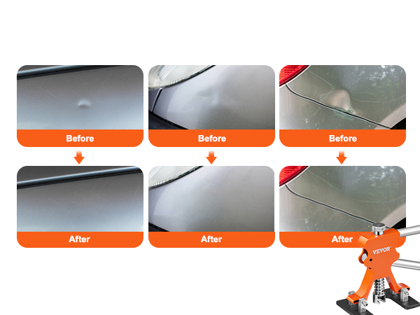 prieš ir po naudojimo VEVOR dent kamščiatraukis ant automobilio panelės, atskleis dent removal veiksmingumą.
