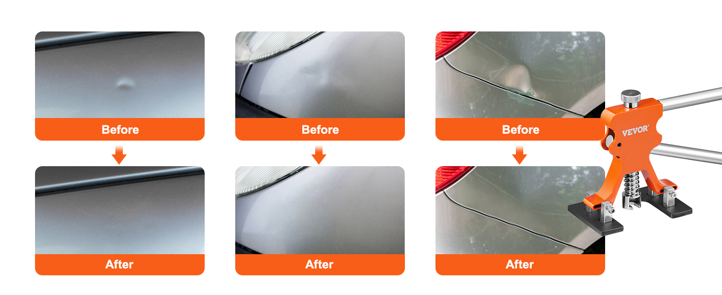 prieš ir po naudojimo VEVOR dent kamščiatraukis ant automobilio panelės, atskleis dent removal veiksmingumą.