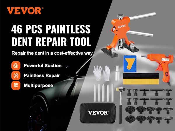 VEVOR dent puller set with 46 paintless dent repair tools, powerful suction and multipurpose use.