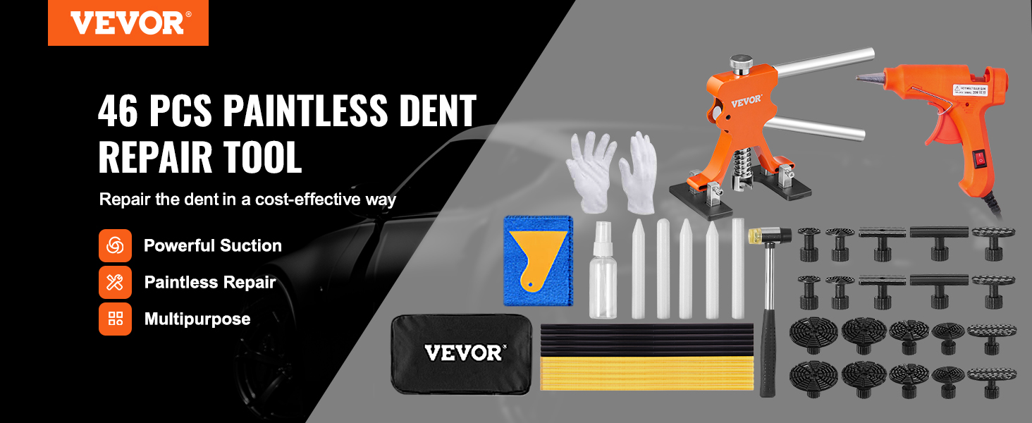 VEVOR dent puller set with 46 paintless dent repair tools, powerful suction and multipurpose use.
