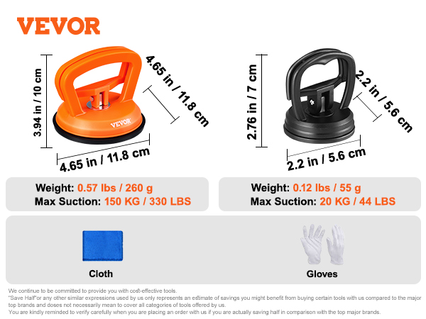 VEVOR dent removal kit includes two suction cups, cloth, and gloves, highlighting sizes and weights.