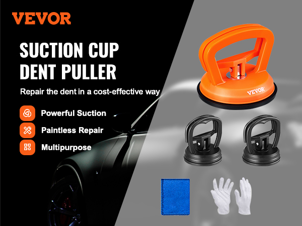 VEVOR dent removal kit with suction cup dent puller, gloves, and cloth for paintless repair.