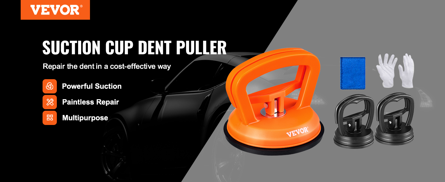 VEVOR dent removal kit with suction cup dent puller, gloves, and cloth for paintless repair.