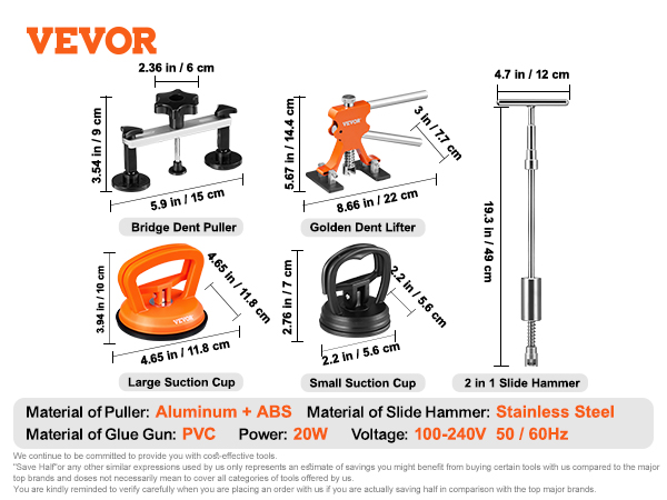 VEVOR dent puller kit with bridge puller, golden dent lifter, suction cups, slide hammer, and accessories.