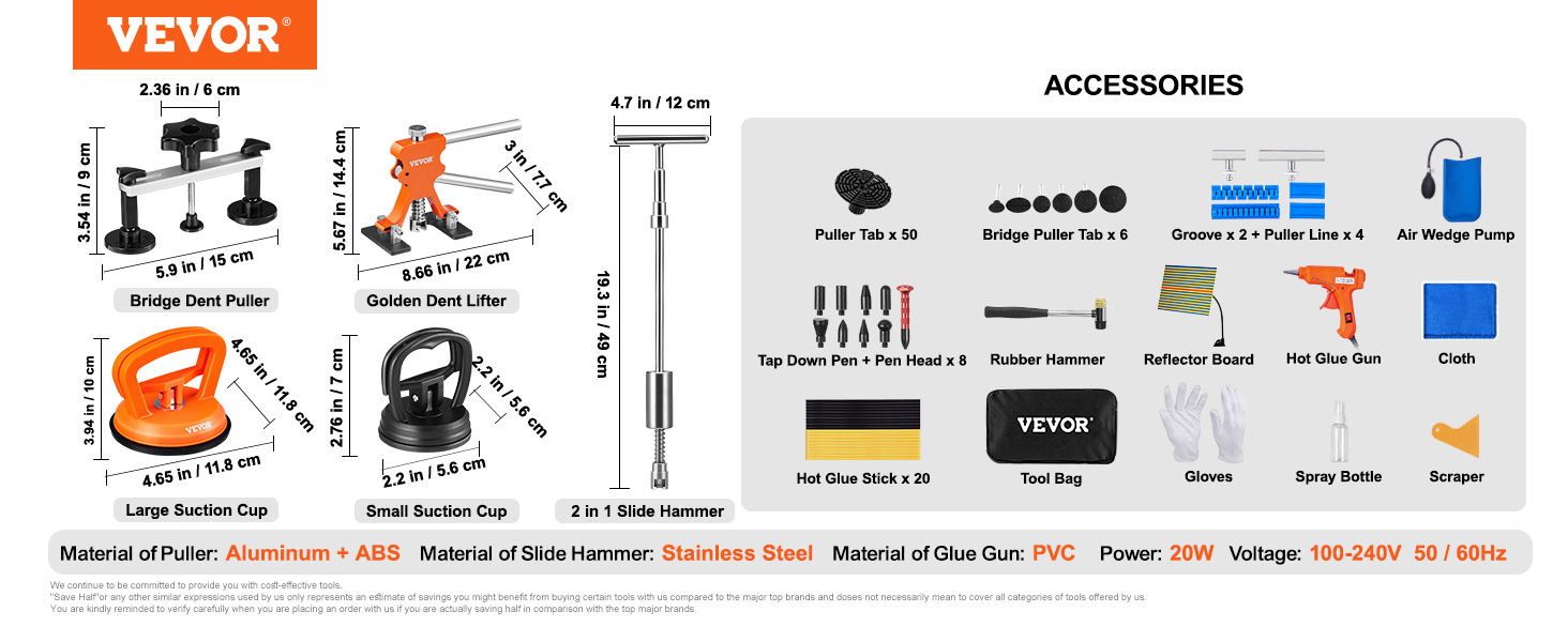 VEVOR dent puller kit with bridge puller, golden dent lifter, suction cups, slide hammer, and accessories.