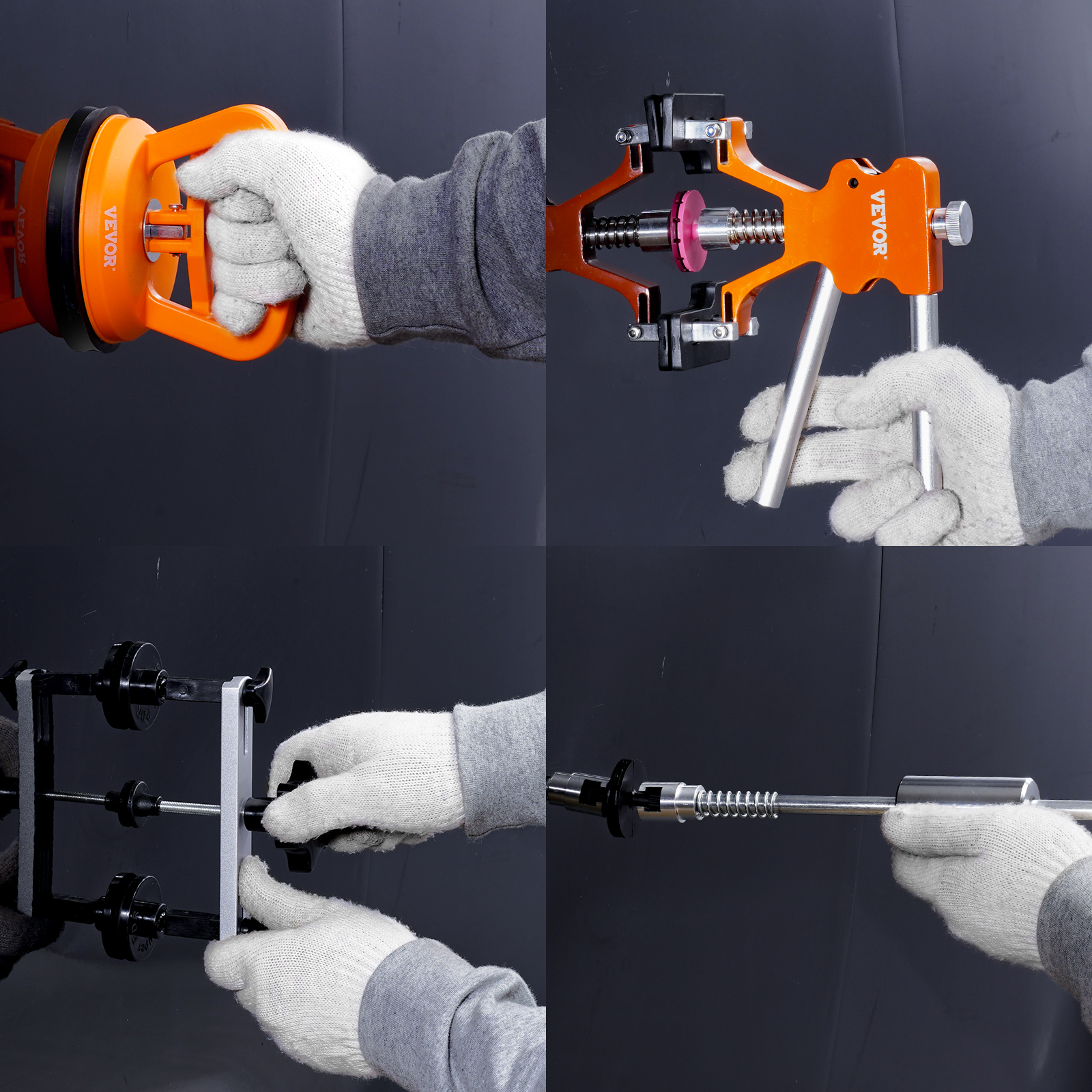 hands using VEVOR dent puller kit tools on a black background, showcasing its components and functionality.
