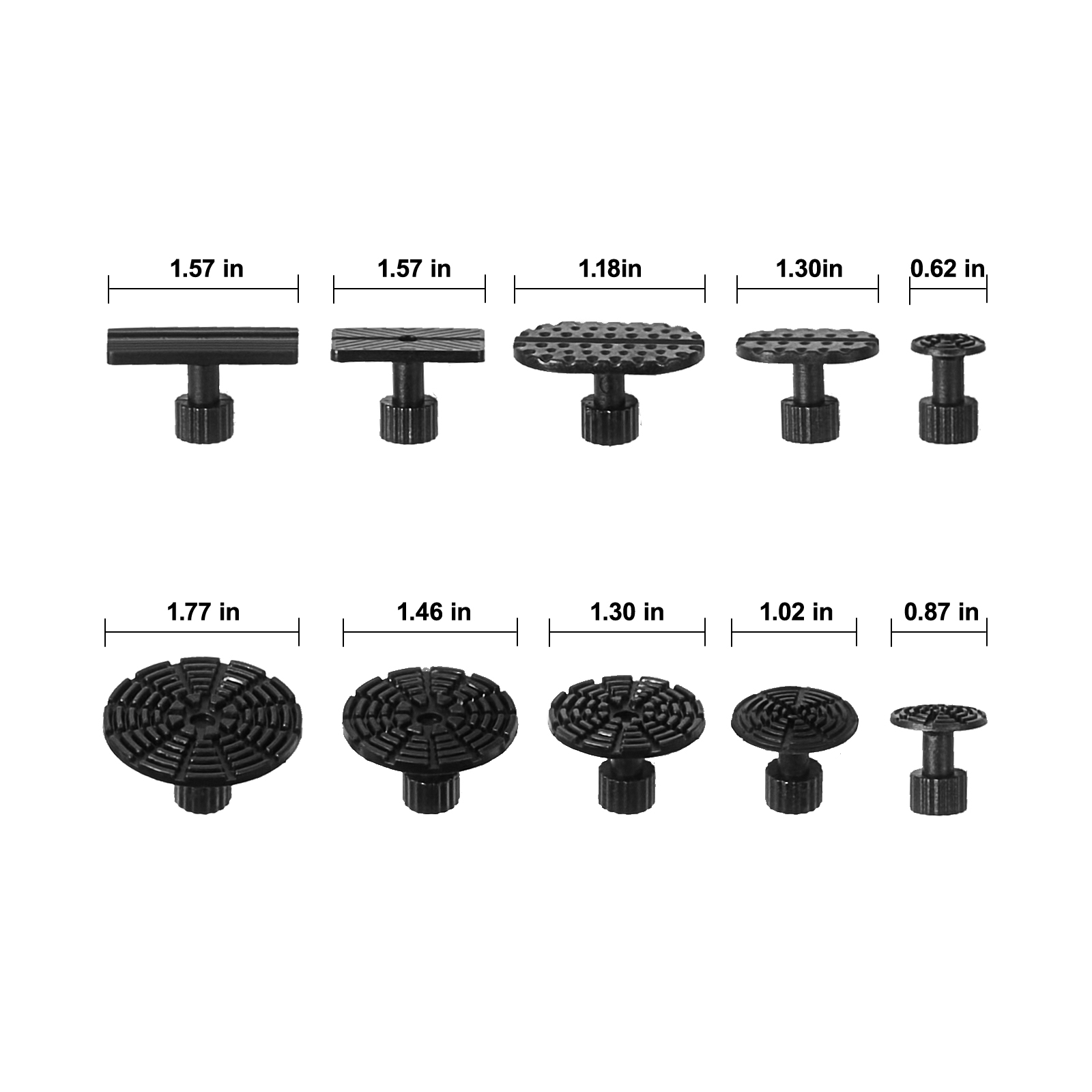 VEVOR dent puller kit with various black pulling tabs, each with specific dimensions labeled in inches.