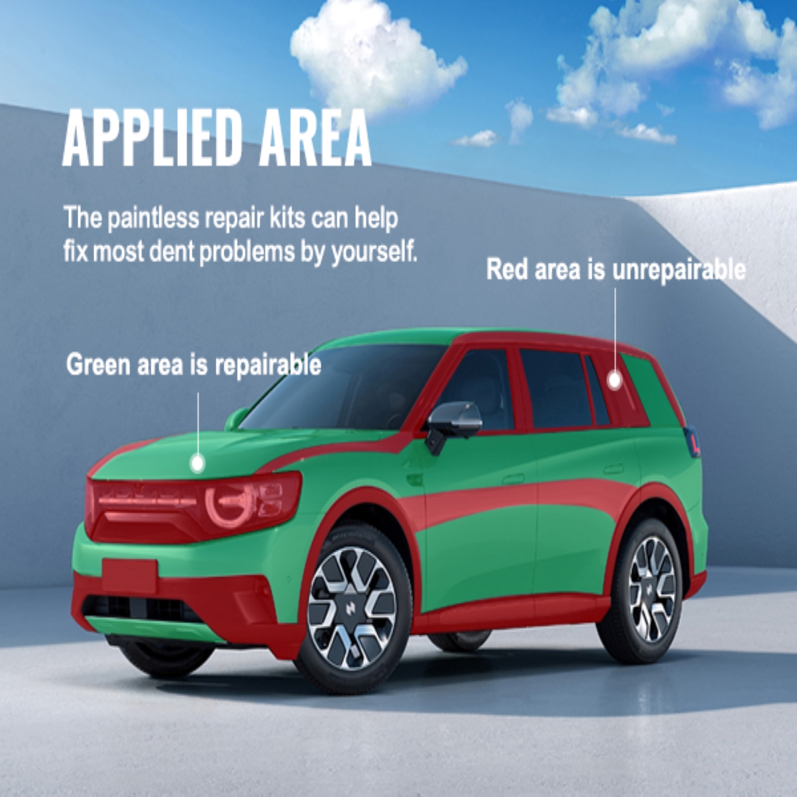 VEVOR dent puller kit demonstration on a vehicle, showing repairable green areas and unrepairable red areas.