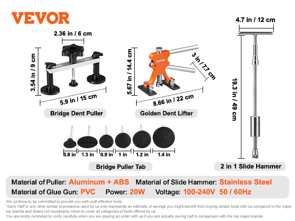VEVOR dent repair kit with bridge dent puller, golden dent lifter, slide hammer, and various accessories.