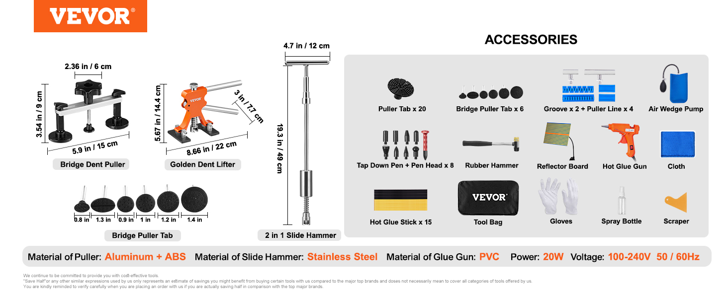 VEVOR dent repair kit with bridge dent puller, golden dent lifter, slide hammer, and various accessories.