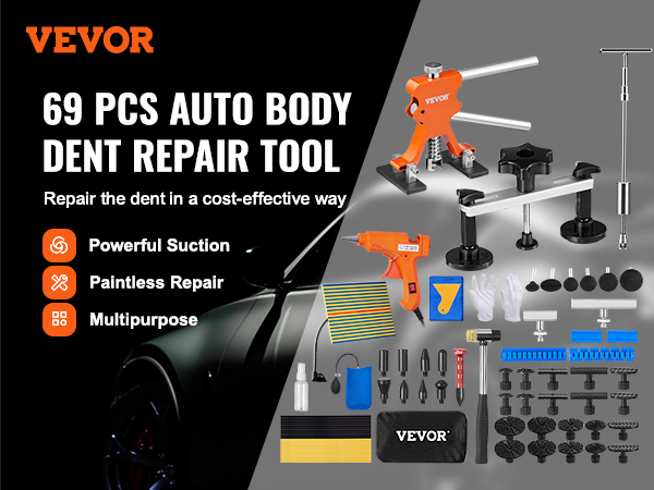 VEVOR dent repair kit with 69 pcs for painless auto body repair, featuring suction tools and accessories.