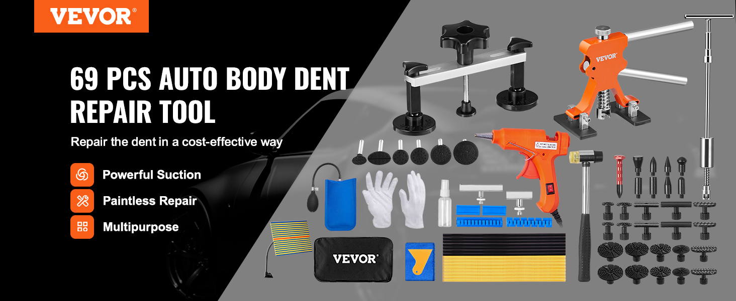VEVOR dent repair kit with 69 pcs for painless auto body repair, featuring suction tools and accessories.