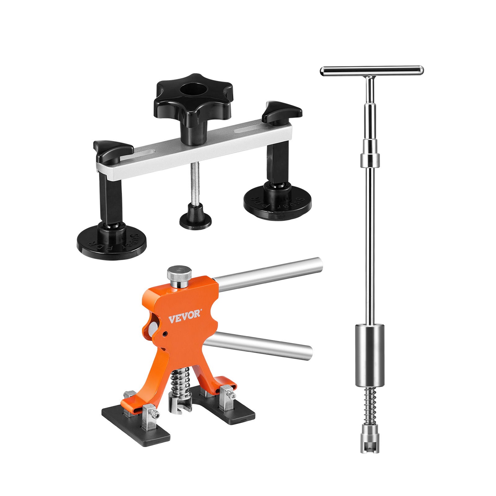 VEVOR dent repair kit with t-bar puller, bridge puller, and orange dent lifter.