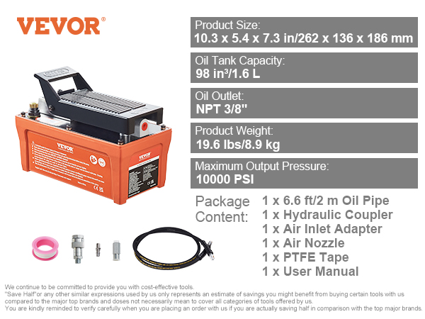 VEVOR air hydraulic pump with oil tank capacity 1.6 l, max output pressure 10000 psi, package contents.
