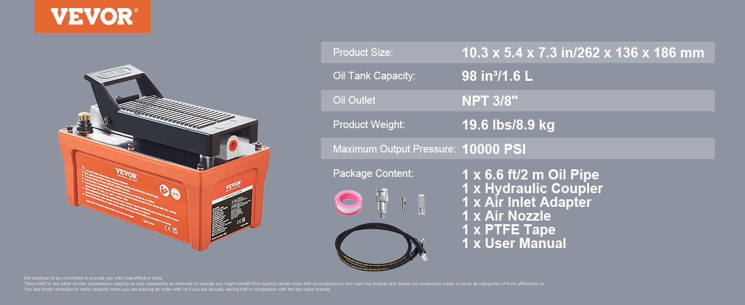 VEVOR air hydraulic pump with oil tank capacity 1.6 l, max output pressure 10000 psi, package contents.