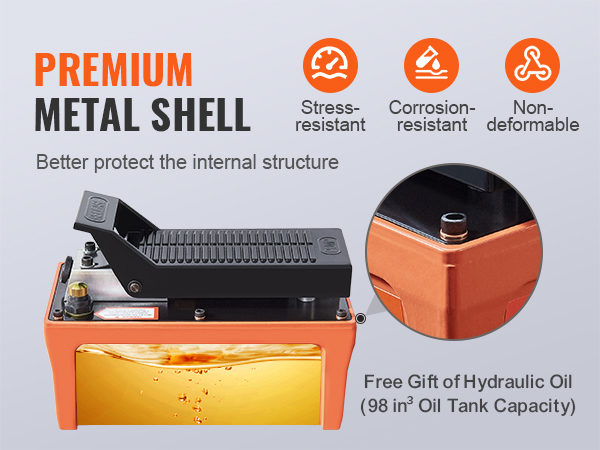 Воздушный гидравлический насос VEVOR с высококачественным металлическим корпусом, не содержит гидравлического масла, устойчив к нагрузкам, коррозии, недеформируется.