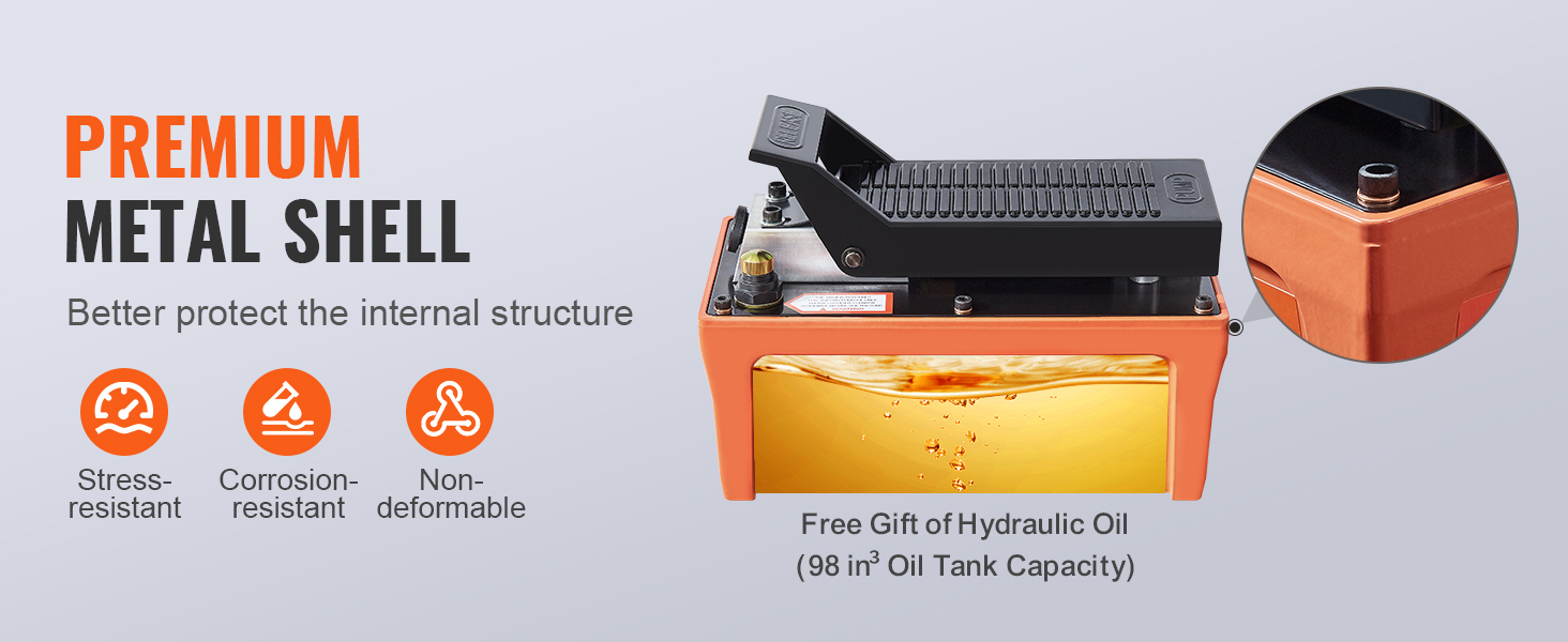 Воздушный гидравлический насос VEVOR с высококачественным металлическим корпусом, не содержит гидравлического масла, устойчив к нагрузкам, коррозии, недеформируется.