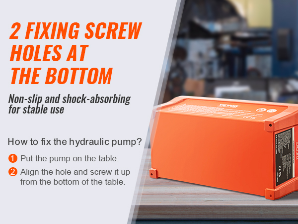 Воздушный гидравлический насос VEVOR с оранжевым корпусом, демонстрирующим два отверстия для крепежных винтов для устойчивости.