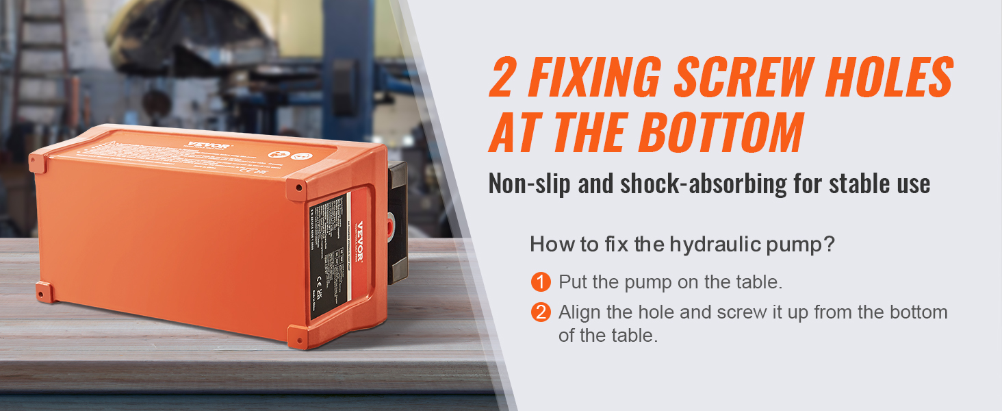 Воздушный гидравлический насос VEVOR с оранжевым корпусом, демонстрирующим два отверстия для крепежных винтов для устойчивости.