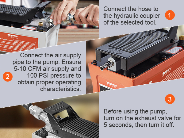 ручное подключение воздушного гидравлического насоса VEVOR к инструментам с подробными инструкциями по настройке шланга и трубы подачи воздуха.