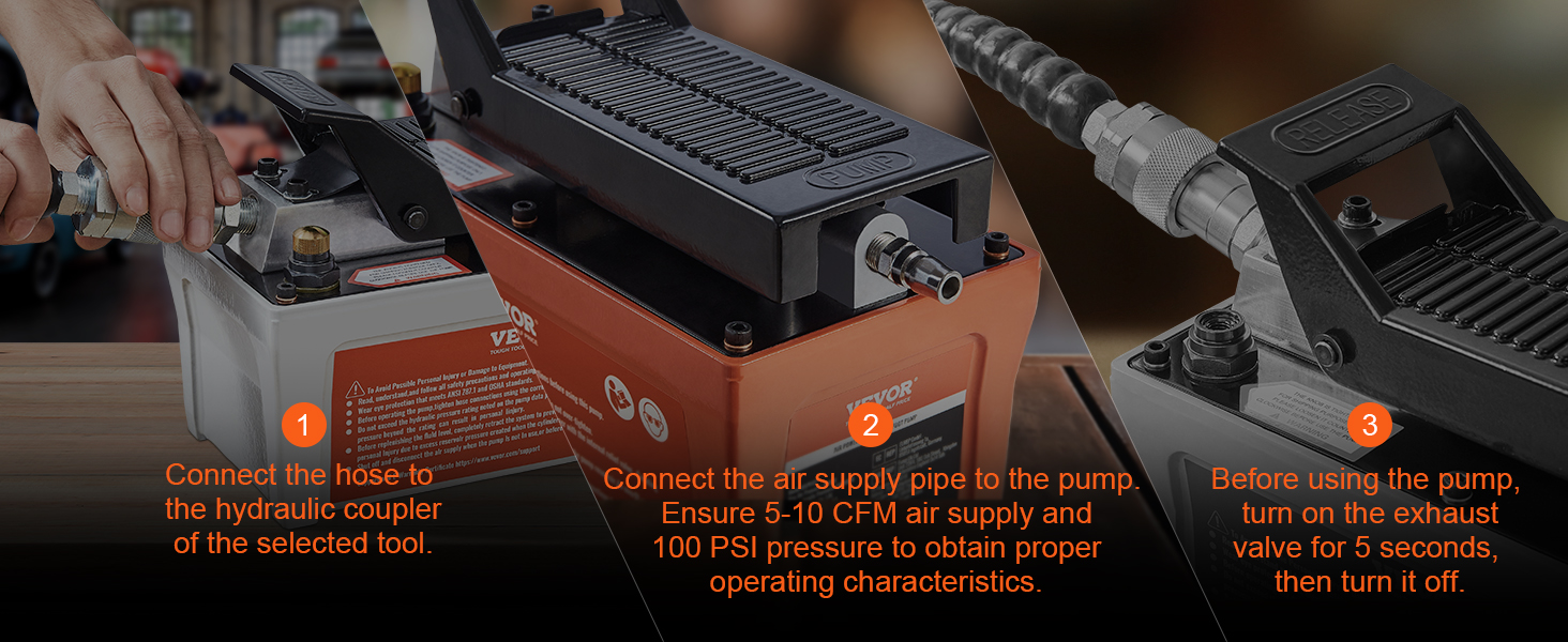 ручное подключение воздушного гидравлического насоса VEVOR к инструментам с подробными инструкциями по настройке шланга и трубы подачи воздуха.