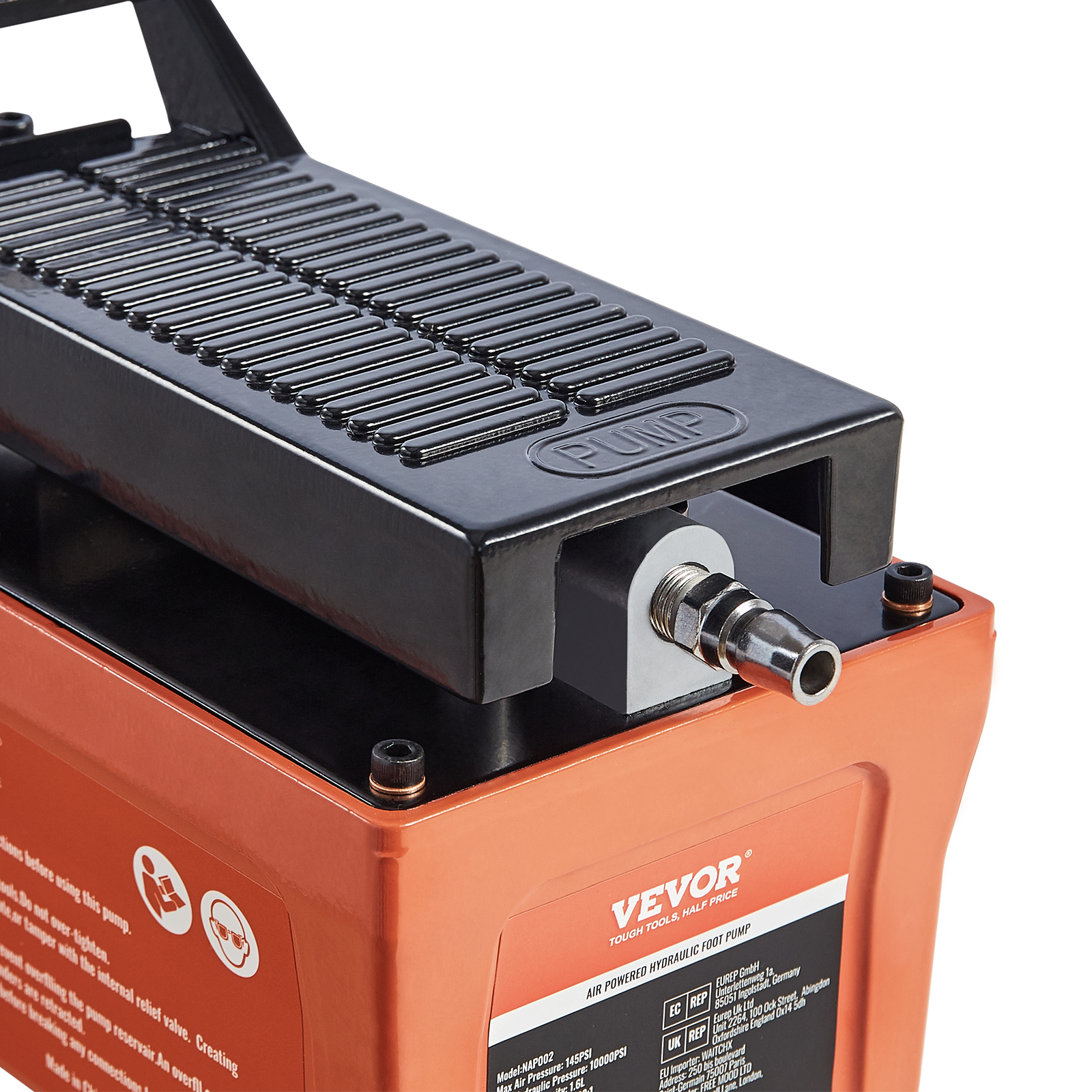 VEVOR air hydraulic pump with black foot pedal and orange housing, close-up of hose connector and branding.