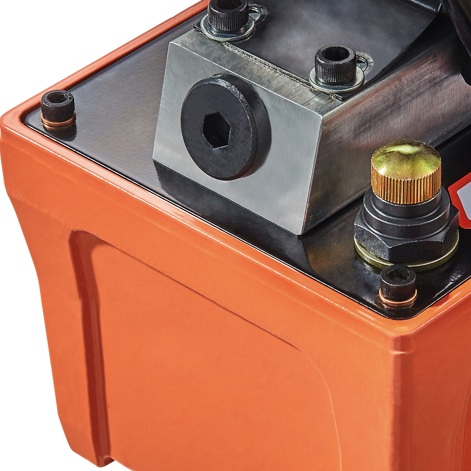 close-up of an orange VEVOR air hydraulic pump showing bolts and a hexagonal socket.